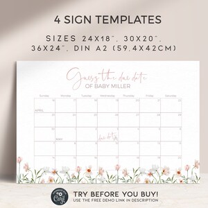 May include: A printable baby shower game sign with a floral border. The sign says "Guess the due date of Baby Miller" and includes a calendar with the month of April and May.