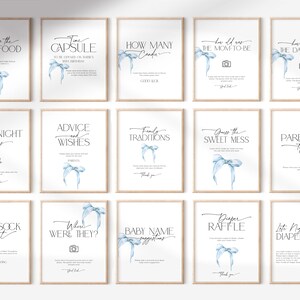 May include: A set of 12 printable baby shower game cards featuring blue watercolour bows and white text. The cards include games such as "Guess the Baby Food", "Time Capsule", "How Many Candies", "How Old Was the Mom-to-Be", "How Old Was the Dad-to-Be", "Date Night Ideas", "Advice and Wishes", "Family Traditions", "Guess the Sweet Mess", "Parenting Tip Jar", "Baby Sock Hunt", "Where Were They", "Baby Name Suggestions", "Diaper Raffle", and "Late Night Diapers".