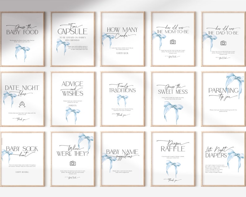Dusty Blue Bow Baby Shower Games Bundle PRINTABLE, Editable Blush ...