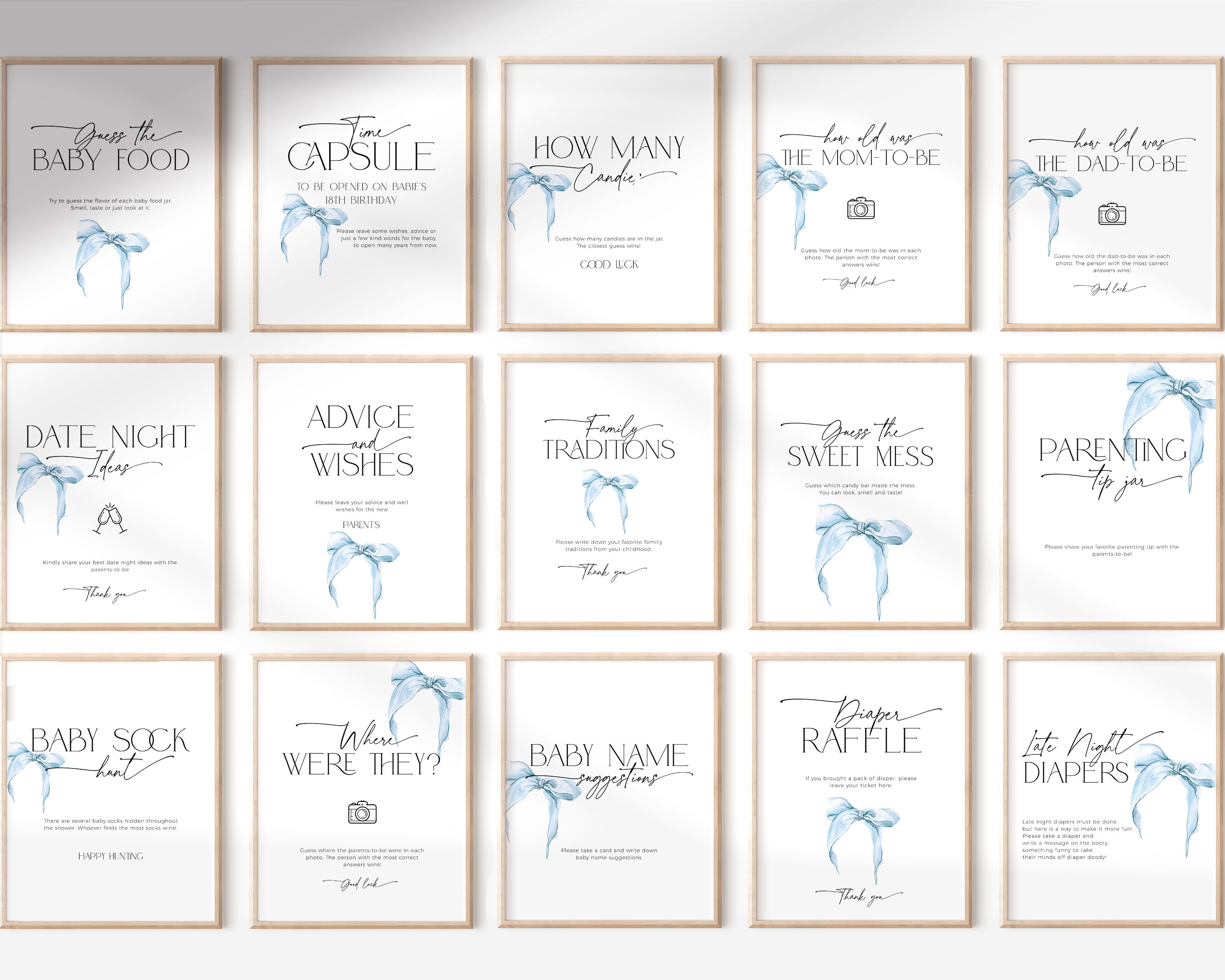 Dusty Blue Bow Baby Shower Games Bundle PRINTABLE, Editable Blush ...