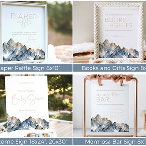 Puede incluir: Conjunto de cuatro carteles imprimibles para un baby shower con tem&aacute;tica de monta&ntilde;a. Los carteles miden 20,3 x 25,4 cm y presentan un dise&ntilde;o de monta&ntilde;a acuarela con detalles dorados. Los carteles incluyen "Rifa de pa&ntilde;ales", "Libros y regalos", "Bienvenida" y "Barra de mimosas".
