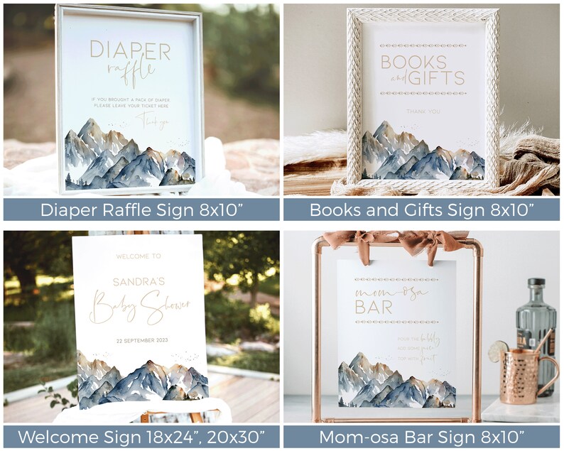 Puede incluir: Conjunto de cuatro carteles imprimibles para un baby shower con tem&aacute;tica de monta&ntilde;a. Los carteles miden 20,3 x 25,4 cm y presentan un dise&ntilde;o de monta&ntilde;a acuarela con detalles dorados. Los carteles incluyen "Rifa de pa&ntilde;ales", "Libros y regalos", "Bienvenida" y "Barra de mimosas".