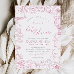 May include: A pink and white baby shower invitation featuring a whimsical illustration of a hot air balloon, a teddy bear, and other toys. The text reads "Please join us for a baby shower honouring the lovely mom-to-be Sandra Miller, February 14th, 20XX at 4PM, Lilly Rose Residence, 301 Wildflower Lane, Bloomingville TX, Please RSVP to Melanie 01234-56789, registered it Amazon and Target."