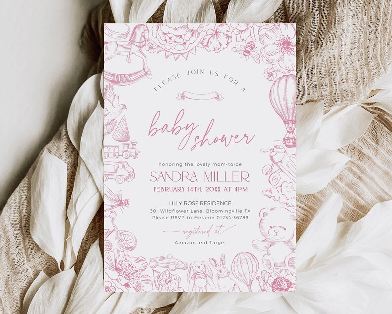 May include: A pink and white baby shower invitation featuring a whimsical illustration of a hot air balloon, a teddy bear, and other toys. The text reads "Please join us for a baby shower honouring the lovely mom-to-be Sandra Miller, February 14th, 20XX at 4PM, Lilly Rose Residence, 301 Wildflower Lane, Bloomingville TX, Please RSVP to Melanie 01234-56789, registered it Amazon and Target."