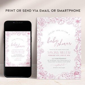 Może przedstawiać: R&oacute;żowe kwiatowe zaproszenie na baby shower na białym tle. Zaproszenie zawiera tekst "Proszę dołączyć do nas na baby shower z okazji narodzin dziecka dla przyszłej mamy Sandry Miller, 14 lutego 2023 r. o godzinie 16:00, Lilly Rose Residence, 501 Wildflower Lane, Bloomingville TX, Prosimy o potwierdzenie uczestnictwa u Melanii 01234-56789, zarejestrowane w Amazon i Target."