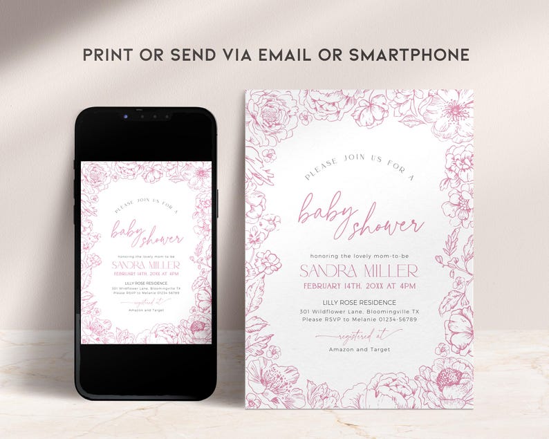 Może przedstawiać: R&oacute;żowe kwiatowe zaproszenie na baby shower na białym tle. Zaproszenie zawiera tekst "Proszę dołączyć do nas na baby shower z okazji narodzin dziecka dla przyszłej mamy Sandry Miller, 14 lutego 2023 r. o godzinie 16:00, Lilly Rose Residence, 501 Wildflower Lane, Bloomingville TX, Prosimy o potwierdzenie uczestnictwa u Melanii 01234-56789, zarejestrowane w Amazon i Target."