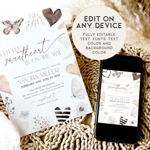 May include: A printable baby shower invitation with a watercolor design featuring butterflies, hearts, and floral elements. The text reads "A little sweetheart is on the way" and includes the name "Sandra Miller" and the date "February 14th, 201X at 4PM".