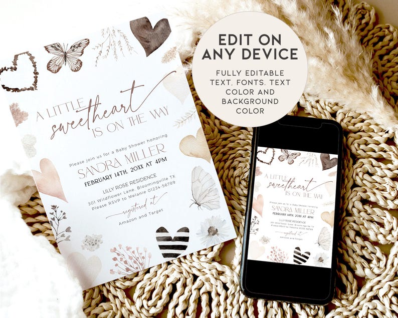 May include: A printable baby shower invitation with a watercolor design featuring butterflies, hearts, and floral elements. The text reads "A little sweetheart is on the way" and includes the name "Sandra Miller" and the date "February 14th, 201X at 4PM".
