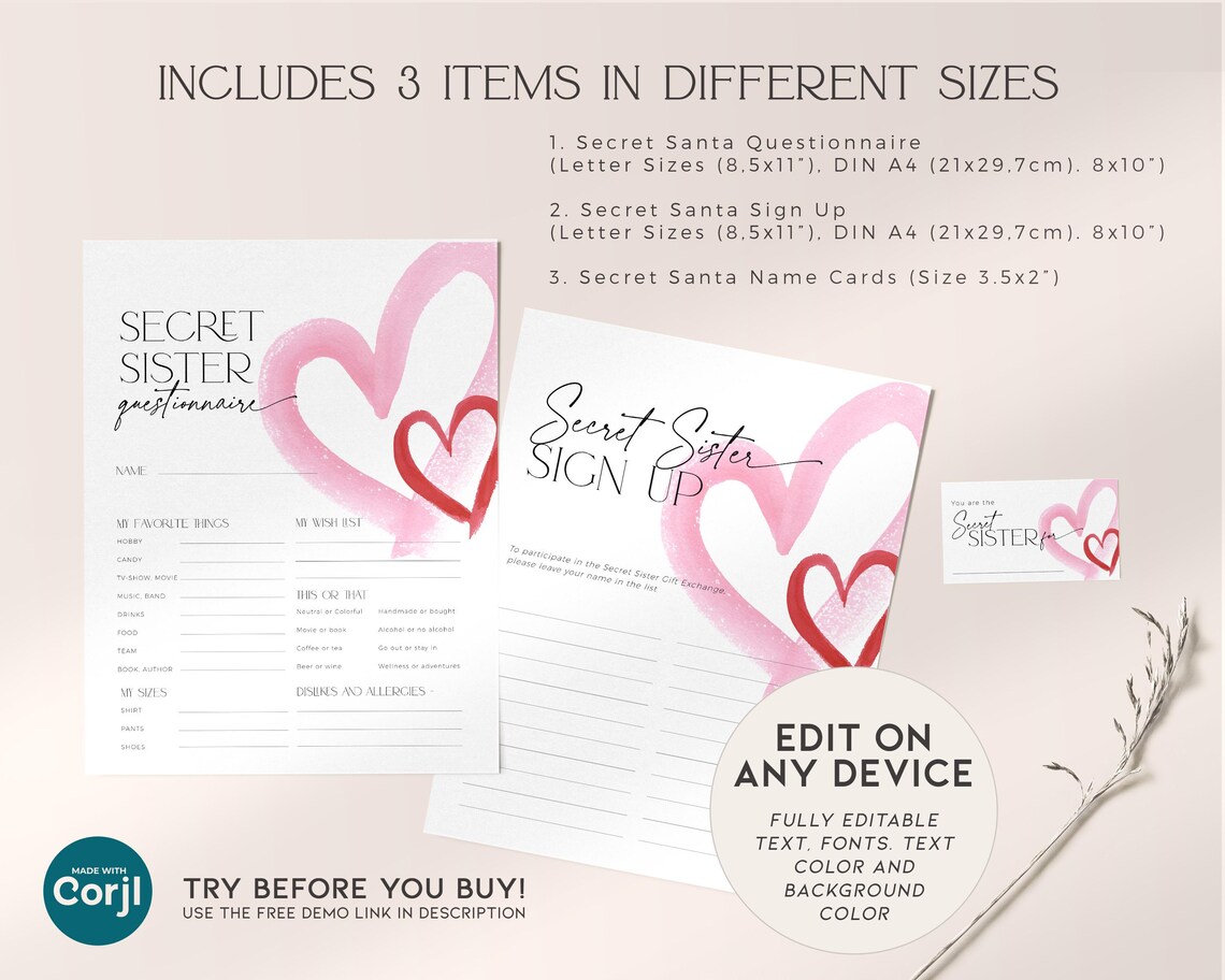 Pink Heart Secret Sister Questionnaire, Editable Valentine Pal Gift ...