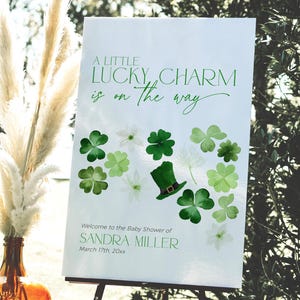 May include: A white sign with green shamrocks and the text "A little lucky charm is on the way". The sign also includes the text "Welcome to the Baby Shower of Sandra Miller March 17th, 20xx".