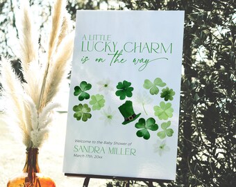Little Lucky Charm Baby Shower Welcome Sign Template, St Patricks Day March Sprinkle Signage, Gender Neutral Green Shamrock Decor, CH101