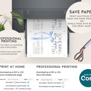 May include: A printable wedding invitation template with a blue watercolor design. The text on the invitation reads "Something blue before I do". The invitation is available for both home printing and professional printing.