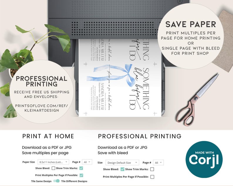 May include: A printable wedding invitation template with a blue watercolor design. The text on the invitation reads "Something blue before I do". The invitation is available for both home printing and professional printing.