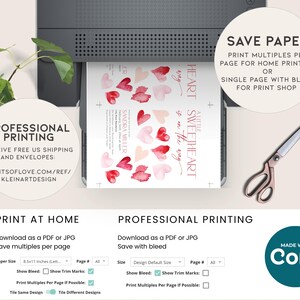 Puede incluir: Una plantilla de invitaci&oacute;n imprimible con un dise&ntilde;o de coraz&oacute;n de acuarela. El texto dice "A Little Sweetheart is on the way". La plantilla incluye opciones para imprimir en casa o profesionalmente, con instrucciones para ahorrar papel y usar sangrado.