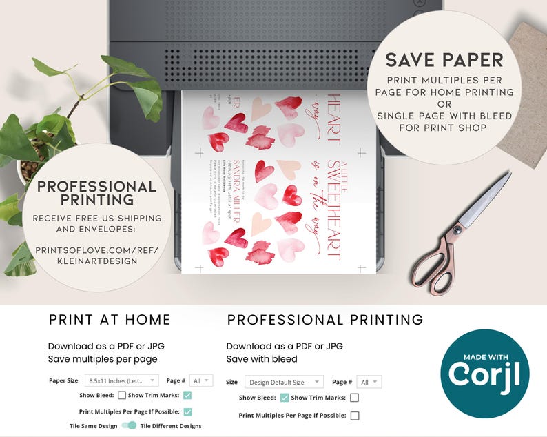 Puede incluir: Una plantilla de invitaci&oacute;n imprimible con un dise&ntilde;o de coraz&oacute;n de acuarela. El texto dice "A Little Sweetheart is on the way". La plantilla incluye opciones para imprimir en casa o profesionalmente, con instrucciones para ahorrar papel y usar sangrado.