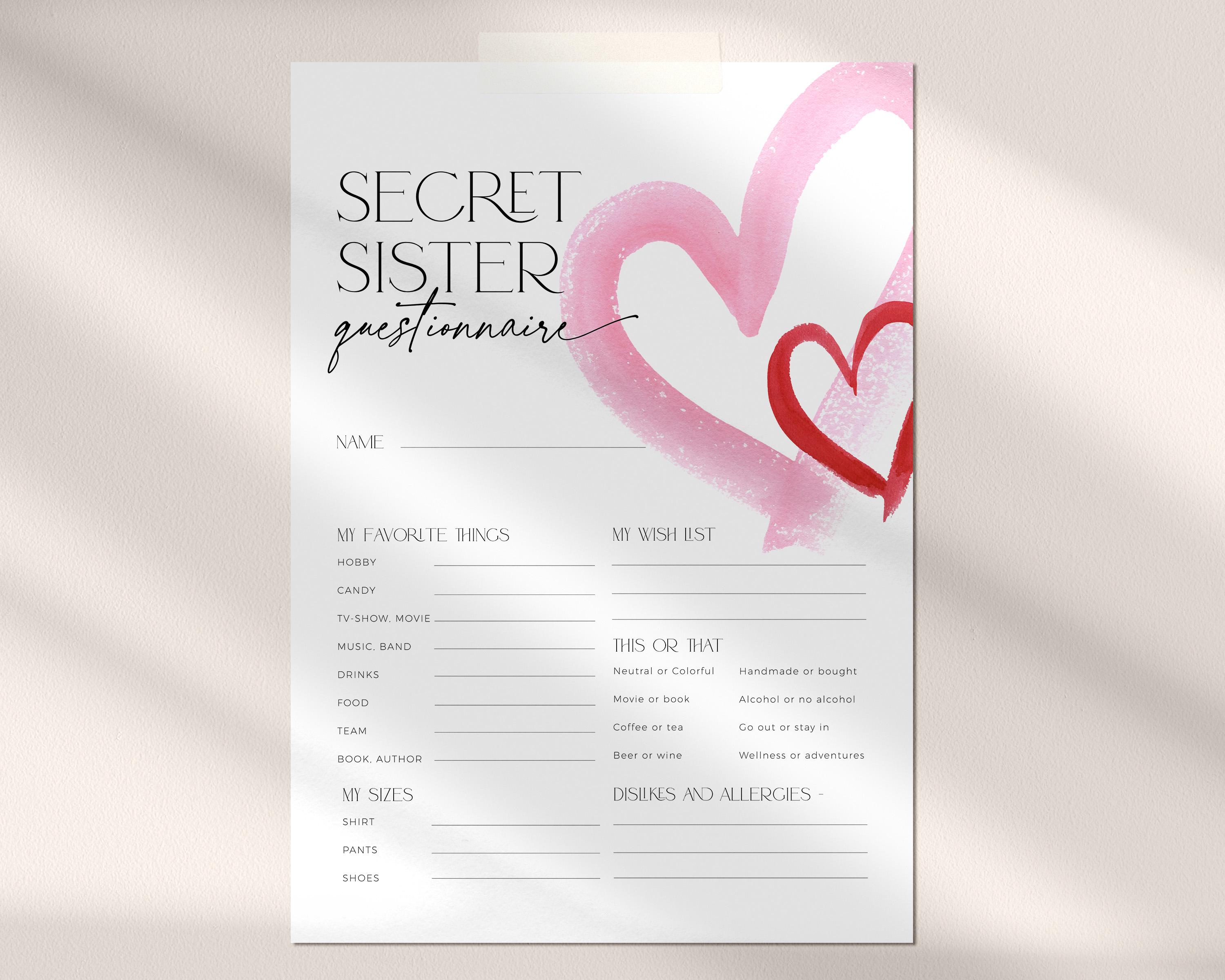 Pink Heart Secret Sister Questionnaire, Editable Valentine Pal Gift ...