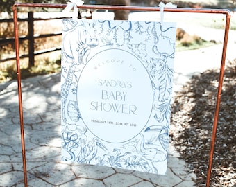 Safari Toile de Jouy Baby Shower Welcome Sign Template, Dusty Blue Chinoiserie Signage PRINTABLE, Editable Vintage Jungle Banner Boy, BB113