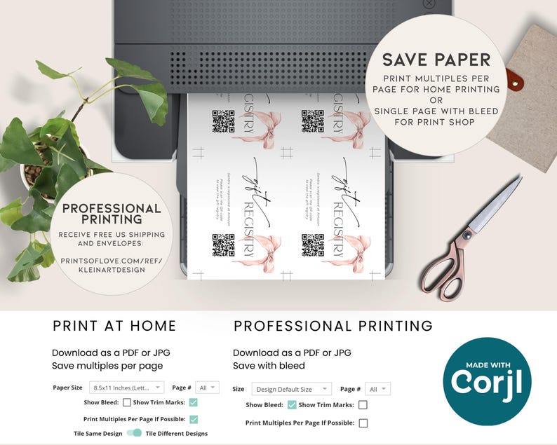 May include: A printable gift registry card with a pink ribbon design. The card includes the text "Gift Registry" and a QR code. The image shows options for printing at home or professionally, with instructions for saving paper and using bleed.