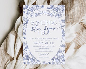 Something Blue Toile de Jouy Bridal Shower Invitation, French Tying The Knot Invite PRINTABLE, Floral Chinoiserie Engagement Template, BS105
