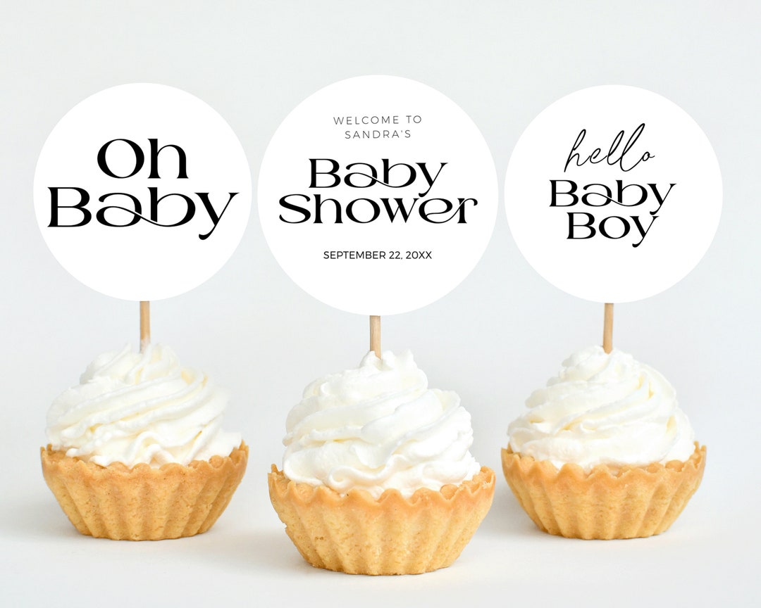 Cupcake Toppers Baby Shower Printable, Minimal Oh Baby Gender Neutral ...