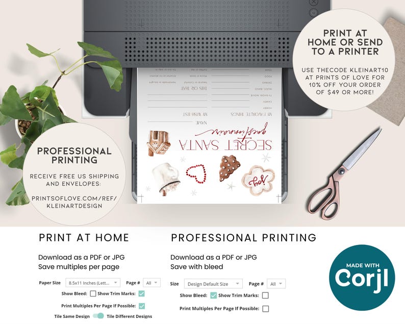 May include: A printer printing a Secret Santa gift exchange form. The form has a festive design with illustrations of cookies, a hat, and a gift. The image also includes text that says "Print at Home or Send to a Printer".