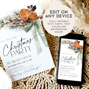 May include: Editable Christmas party invitation template with a watercolor illustration of a green sprig with orange slices, berries, and a green ribbon. The text reads "Please join us for a Christmas Party, The Miller's House, December 18th, 20XX at 6PM, 301 Wildflower Lane, Bloomingville TX. 12345, Please RSVP to Melanie 01234-56789, Please bring a Sweet Santa gift".