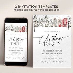 May include: Christmas party invitation templates, printed and digital versions included. The design features a winter village scene with snow-covered trees and houses. The invitation text reads "Christmas Party" with event details.