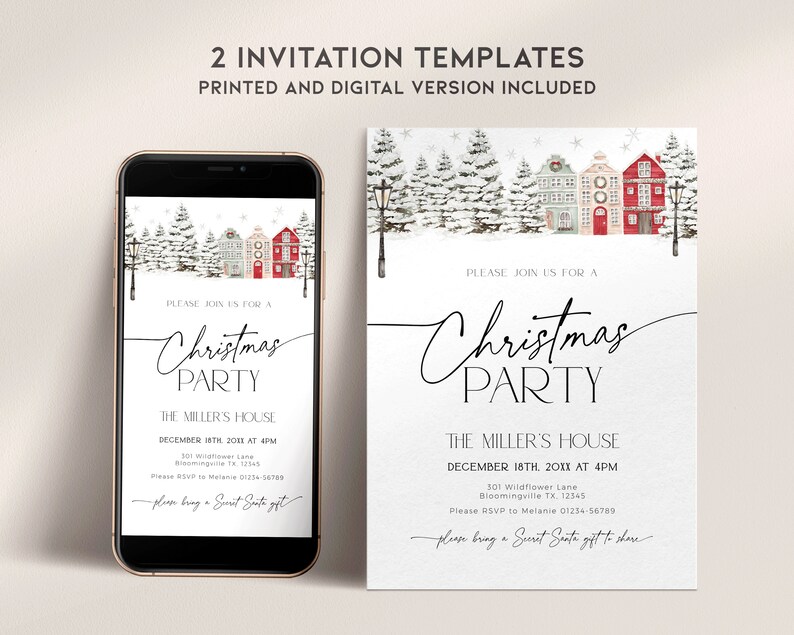 May include: Christmas party invitation templates, printed and digital versions included. The design features a winter village scene with snow-covered trees and houses. The invitation text reads "Christmas Party" with event details.