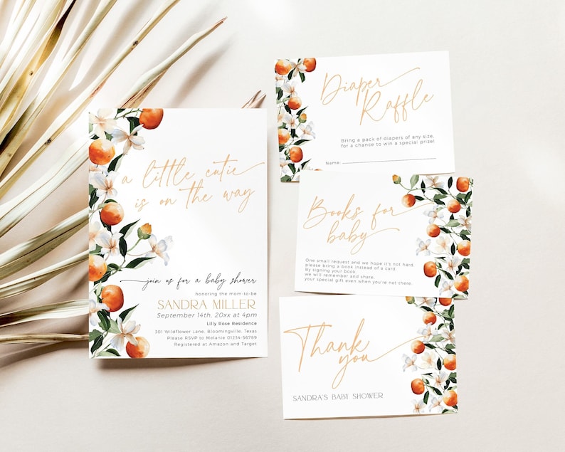 A little cutie is on the way invitation with flowers and oranges. Bundle with editable invitation, diaper raffle ticket, books for baby request card and thank you note