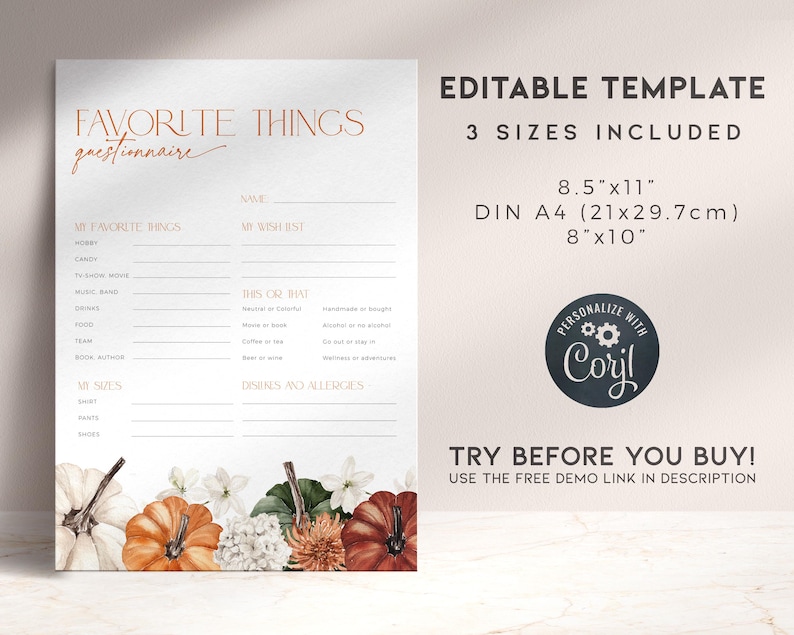 Favorite Things Questionnaire Thanksgiving, Editable Colorful Fall ...