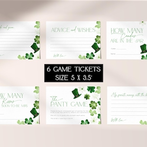 May include: Six printable game cards for a bridal shower or party. The cards feature a green shamrock and leprechaun hat design. The cards include games like "How Many Kisses for the Soon to be Mrs?" and "Advice and Wishes". The cards are 5 inches by 3.5 inches.