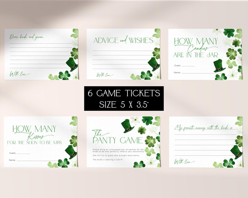 May include: Six printable game cards for a bridal shower or party. The cards feature a green shamrock and leprechaun hat design. The cards include games like "How Many Kisses for the Soon to be Mrs?" and "Advice and Wishes". The cards are 5 inches by 3.5 inches.