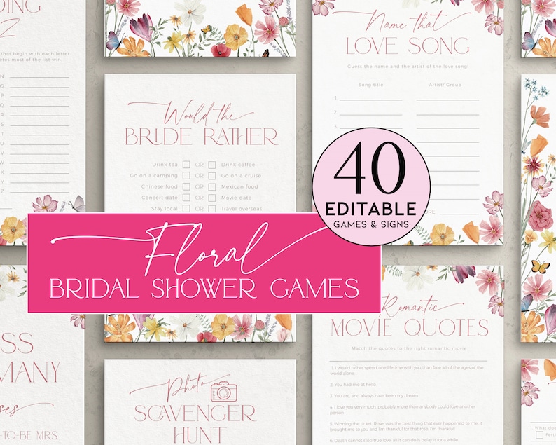 Wildflower Bridal Shower Games editable templates, red, yellow and purple flower meadow with modern script font, 40 games bundle