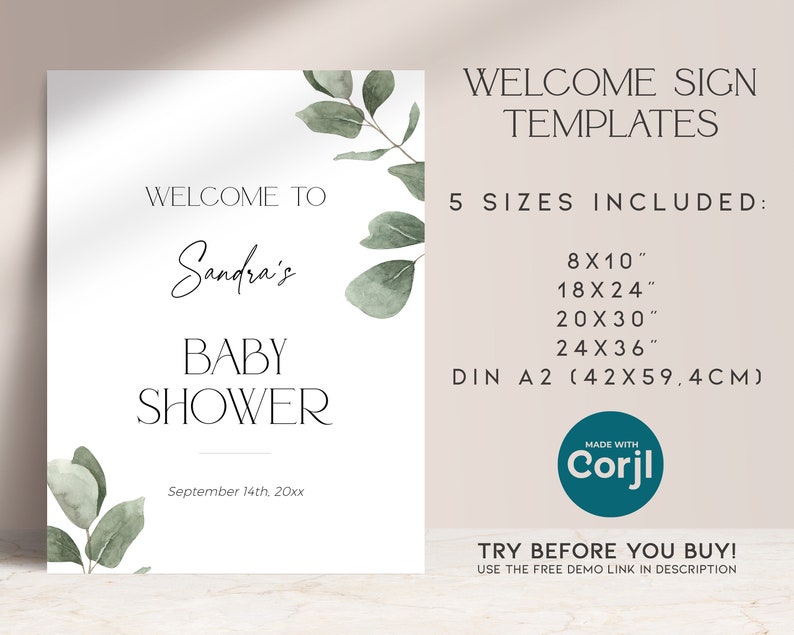 May include: Printable welcome sign template for a baby shower with a green eucalyptus leaf design. The sign says "Welcome to Sandra's Baby Shower" and includes the date "September 14th, 20xx". The sign is available in five sizes: 8x10 inches, 18x24 inches, 20x30 inches, 24x36 inches, and DIN A2 (42x59.4 cm).