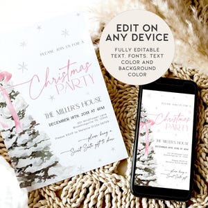 May include: Editable digital invitation for a Christmas party. The invitation features a watercolor illustration of a pink-ribboned Christmas tree with a white background and snowflakes. The text reads "Please join us for a Christmas Party", "The Miller's House", "December 18th 20XX at 4PM", "301 Wildflower Lane, Bloomingville TX. 12345", "Please RSVP to Melanie 01234-56789", and "Please bring a Secret Santa gift to share".