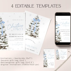 May include: Four printable templates for a Christmas party invitation, gift tag, and digital invitation. The design features a watercolor illustration of a blue and white Christmas tree with snowflakes.