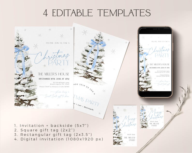 May include: Four printable templates for a Christmas party invitation, gift tag, and digital invitation. The design features a watercolor illustration of a blue and white Christmas tree with snowflakes.