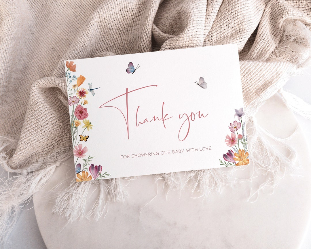 Thank You Card Baby in Bloom Girls Folded, Floral Baby Shower Thank You Card Digital, Wildflower