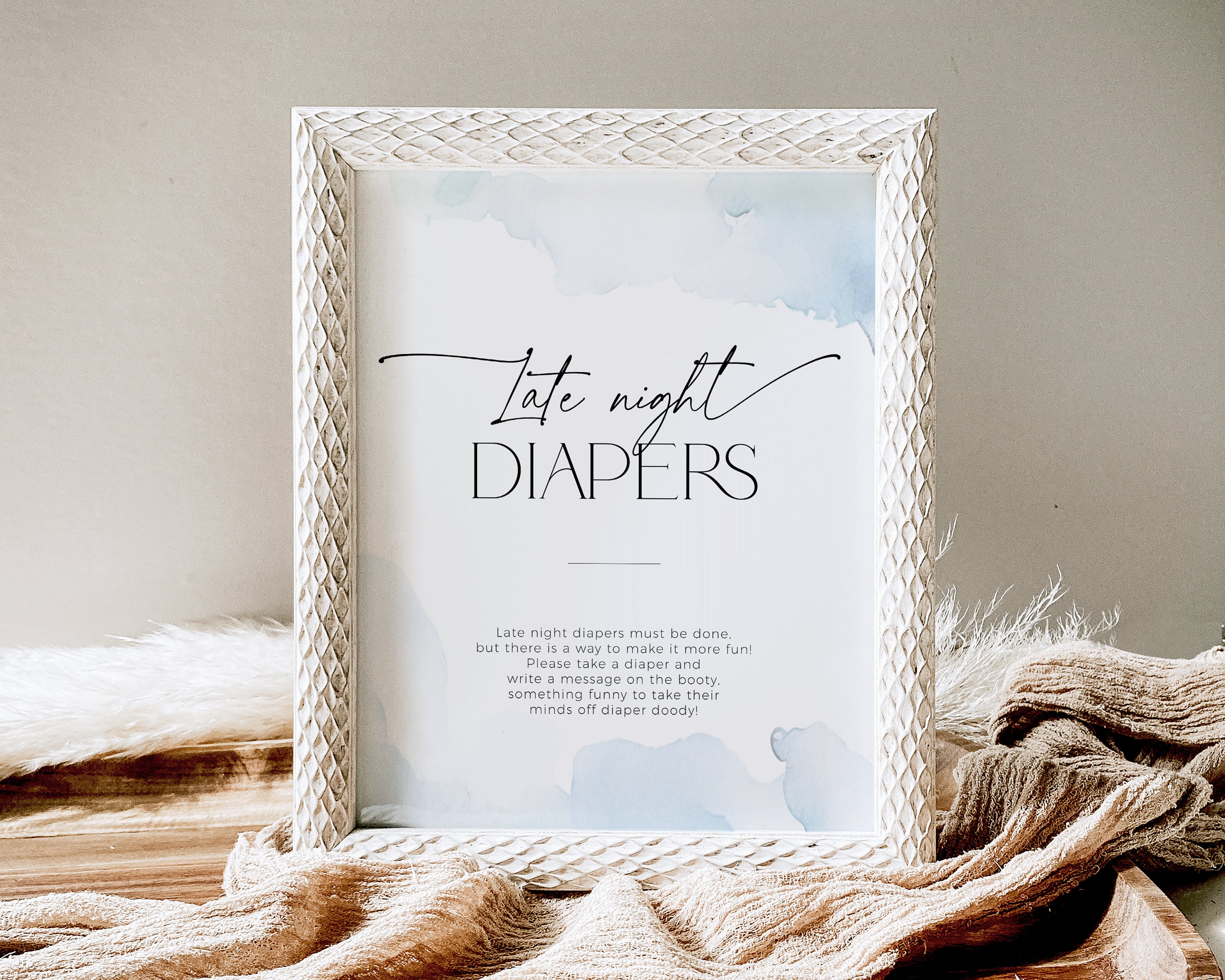 On Cloud Nine Late Night Diapers Sign, Dusty Blue Watercolor Clouds Baby Shower PRINTABLE, Modern Mom-to-Be Party Poster Gender Neutral BB37