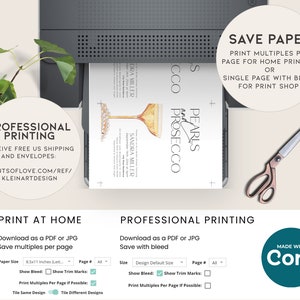 May include: A printable invitation template for a party featuring a glass of champagne and the text "Pearls and Prosecco". The template is available for both home printing and professional printing with bleed.
