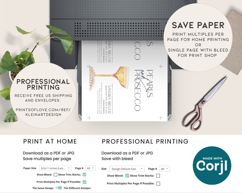 May include: A printable invitation template for a party featuring a glass of champagne and the text "Pearls and Prosecco". The template is available for both home printing and professional printing with bleed.