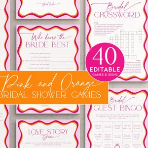 Bridal Shower Wavy Border Games, Editable Hen Party Game Bundle, Hot Pink and Orange Bachelorette Game, Red Wedding Activity Printable, BS36