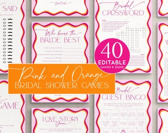 Bridal Shower Wavy Border Games, Editable Hen Party Game Bundle, Hot Pink and Orange Bachelorette Game, Red Wedding Activity Printable, BS36