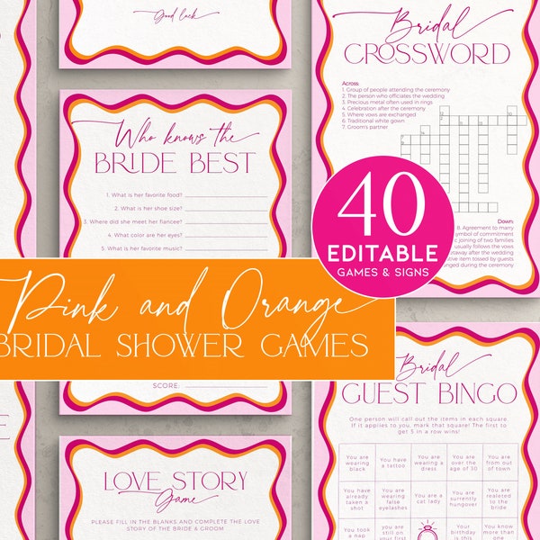 Bridal Shower Wavy Border Games, Editable Hen Party Game Bundle, Hot Pink and Orange Bachelorette Game, Red Wedding Activity Printable, BS36