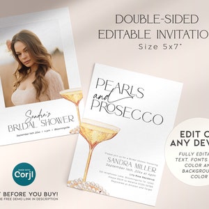 Puede incluir: Invitaci&oacute;n editable de doble cara para una despedida de soltera con una foto de la novia en un lado y una ilustraci&oacute;n de acuarela de copas de champ&aacute;n y perlas en el otro. El texto de la invitaci&oacute;n dice "Sandra's Bridal Shower" y "Pearls and Prosecco".