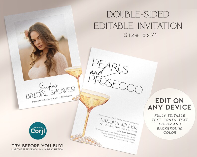 Puede incluir: Invitaci&oacute;n editable de doble cara para una despedida de soltera con una foto de la novia en un lado y una ilustraci&oacute;n de acuarela de copas de champ&aacute;n y perlas en el otro. El texto de la invitaci&oacute;n dice "Sandra's Bridal Shower" y "Pearls and Prosecco".