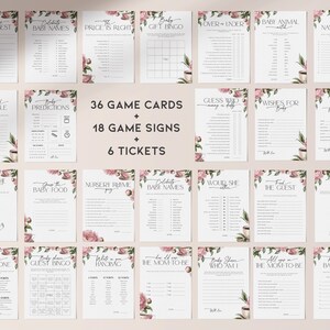 Puede incluir: Un conjunto de 36 tarjetas de juego de baby shower imprimibles con ilustraciones florales. Las tarjetas incluyen juegos como "Adivina qui&eacute;n", "Animal de beb&eacute;", "El precio es correcto" y "Comida para beb&eacute;s".