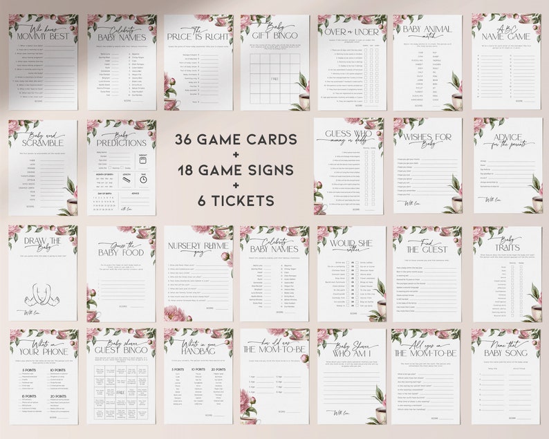Puede incluir: Un conjunto de 36 tarjetas de juego de baby shower imprimibles con ilustraciones florales. Las tarjetas incluyen juegos como "Adivina qui&eacute;n", "Animal de beb&eacute;", "El precio es correcto" y "Comida para beb&eacute;s".