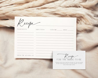 Recipe Card For Bridal Shower Invite Minimal, Modern Invitation Insert Cooking Request Wedding, Simple Printable 4x6 Pages Download, BS35