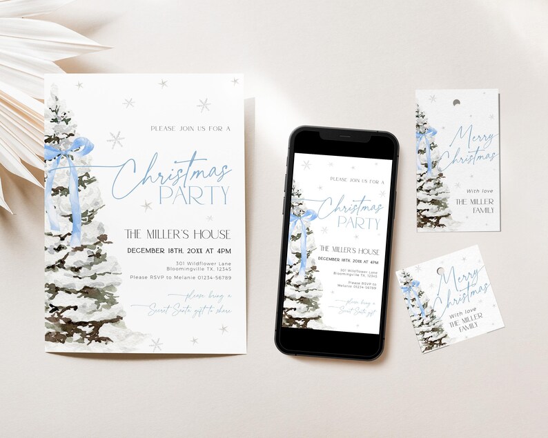 May include: A set of printable Christmas party invitations with a watercolor illustration of a snowy pine tree with a blue ribbon. The text on the invitation reads "Please join us for a Christmas Party" and includes the date, time, and location of the party. The invitation also includes a smaller tag that says "Merry Christmas" with a similar illustration of a snowy pine tree.